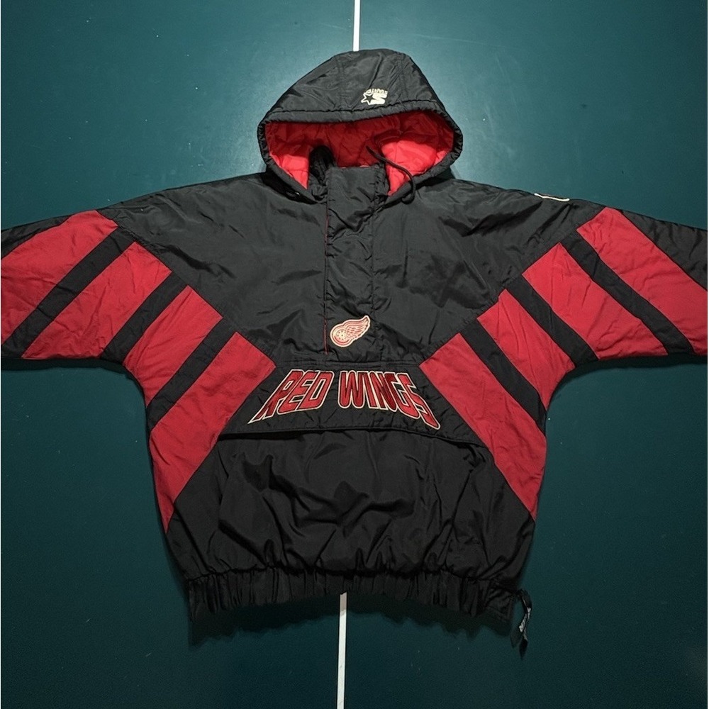 Vintage‎ 90s Detroit Red Wings Starter Puffer Jacket Mens Large Hooded Red Black